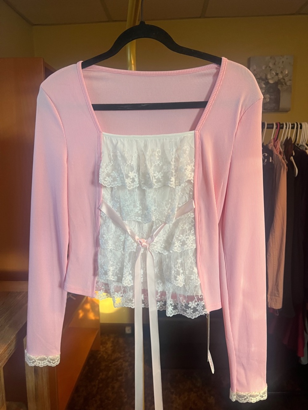 Women's Pink Lace-Front Sleep Top with Ribbon